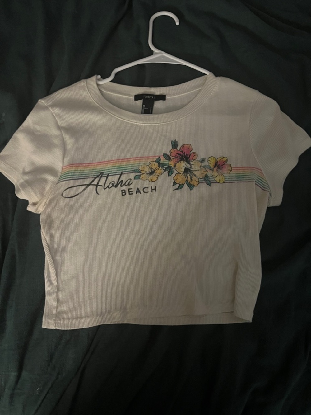 Forever 21 White Aloha Beach Floral Stripe Cropped Tee